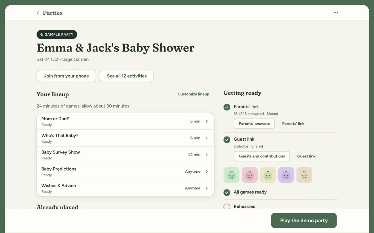A party's home in BabyShow: the lineup of games with their minutes, and the list of what is ready