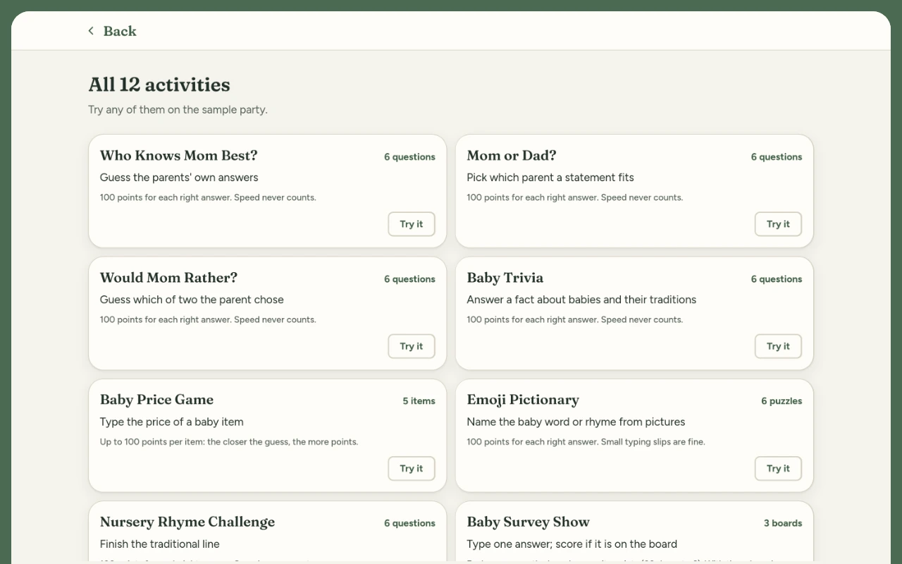 All 12 activities in BabyShow, each with its number of questions and how it scores